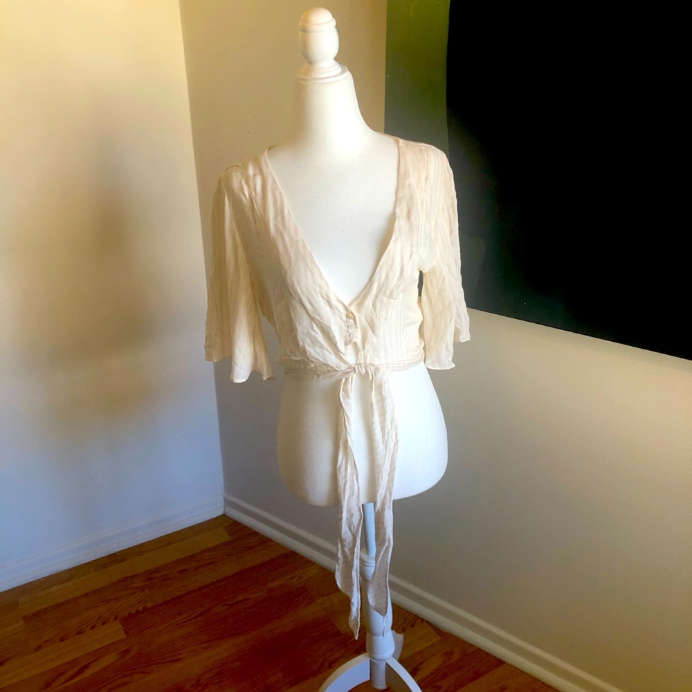 Olivaceous Striped low cut blouse with tie waist M